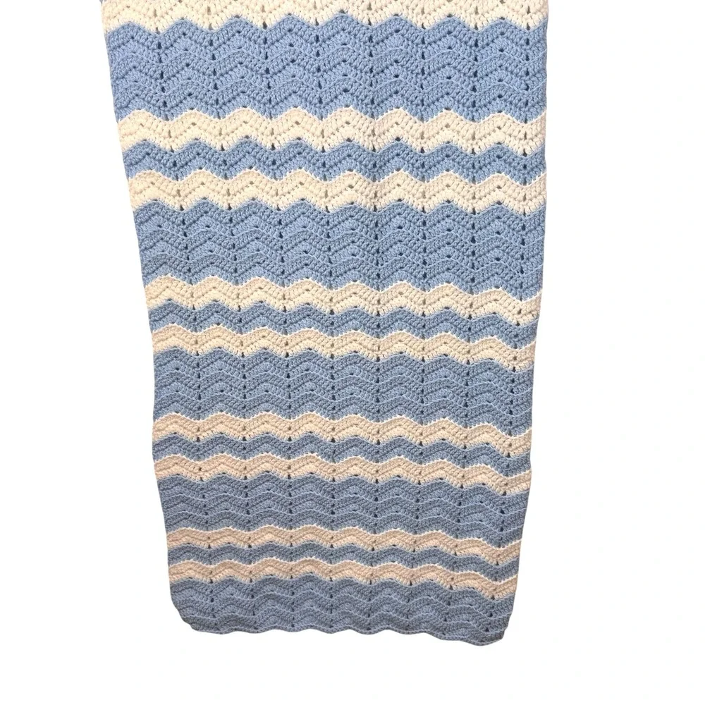 Handmade Crochet Blanket 46X20 Blue Cream Chevron Stripe Handmade Knit Baby Kids